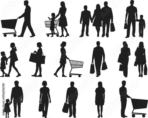 Silhouettes of people shopping with carts and bags on white background Keywords: people, shopping, family, couple, child, adult