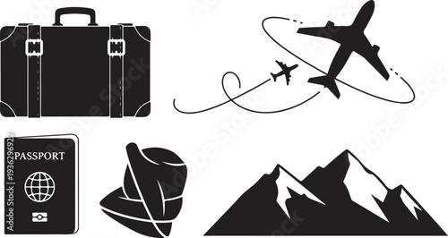 Travel and adventure icons in black and white style