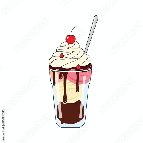 Delicious Ice Cream Sundae with Chocolate Drizzle and Cherry on Top