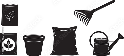Gardening tools and supplies in black silhouette style icons