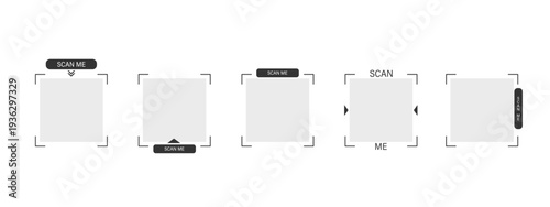 Scan me Frame. App box for mobile buy now with barcode. QR code Scan by phone camera. Payment button and shop identification icon. Minimalist Vector illustration.