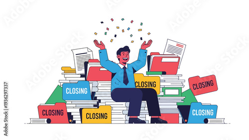 Happy businessman celebrates successful closings amidst pile of documents and confetti, symbolizing task completion and achievement.