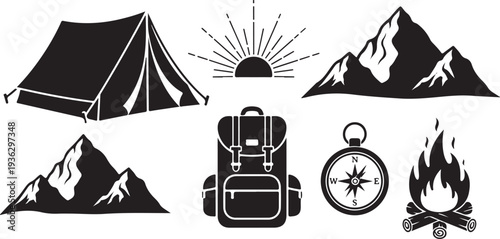 Camping and hiking icons in black and white color