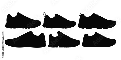 Six Black Silhouettes of Modern Athletic Sneakers on White Background shoe footwear