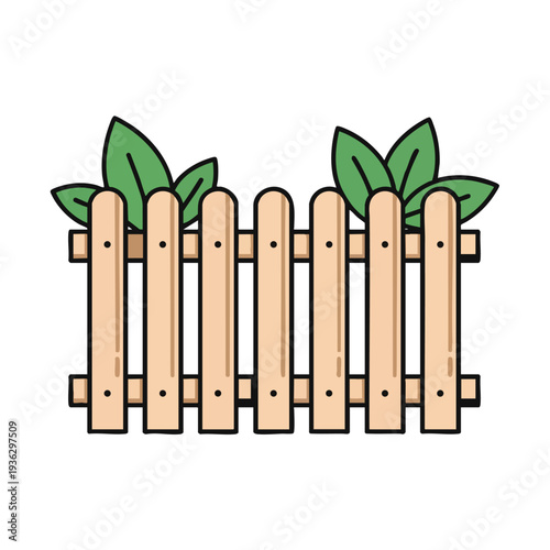 Cute Cartoon Style Garden Fence with Green Plants in a Bright and Playful Illustration