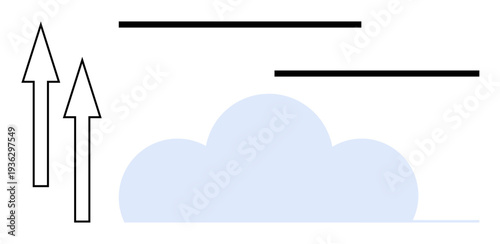 Data transfer, cloud computing, online storage, digital communication, internet services, connectivity. Illustration shows a cloud with arrows pointing upward. Data transfer and cloud computing