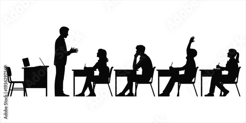 Teacher instructing students in a classroom with one student raising hand education learning