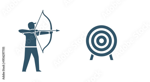 Archer Aiming Bow and Arrow at Target.