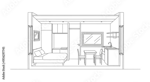 Architectural drawing of a compact studio apartment interior design.