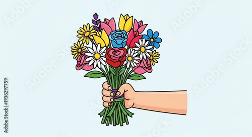 Colorful veterinary clinic with happy animals and pets outside on a sunny day