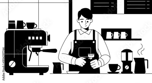 Barista preparing coffee at a cafe counter with espresso machine.