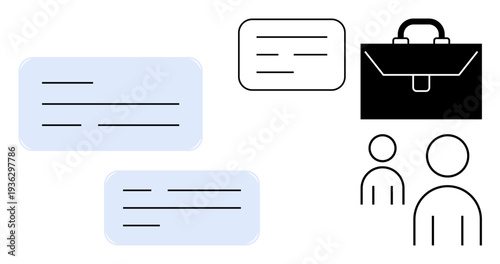 Professional communication, workflow management, teamwork, business networking, organization, remote work. Speech bubbles, briefcase and people icons. Business networking and professional