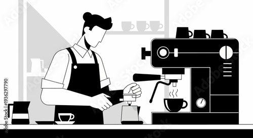 Barista preparing espresso using a professional coffee machine.