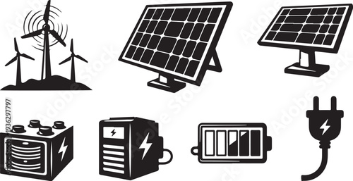 Renewable Energy Icons Solar Wind Power Battery Storage Symbols