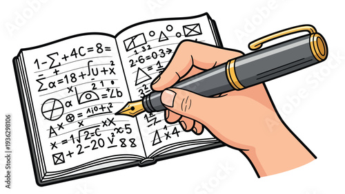 Hand writing complex mathematical equations and symbols in a notebook with a fountain pen. Education, science, and study concept.