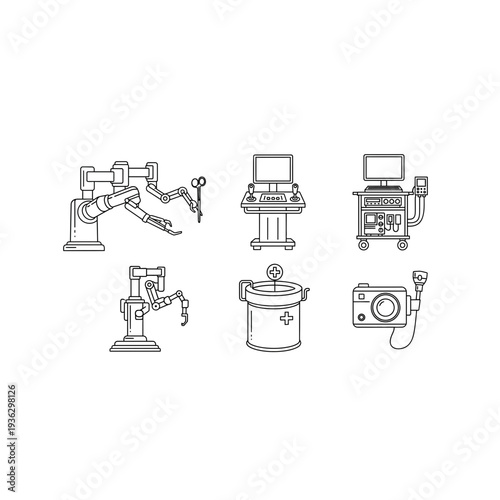 Line drawings of various industrial machines and computer