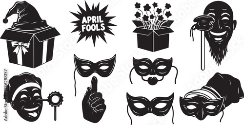 April Fools Day black and white illustration set collection