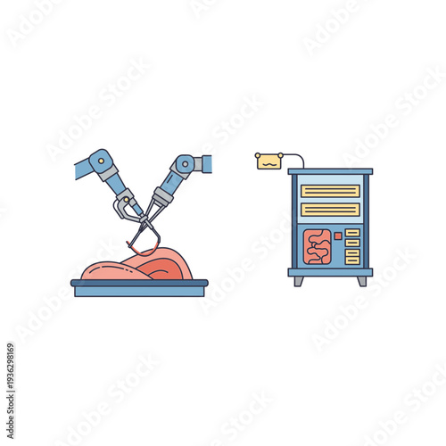 A robotic arm cutting meat next to a control panel
