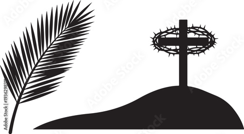 Black silhouette of cross with crown of thorns and palm