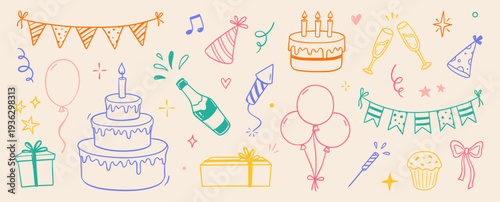 Birthday doodle color icon element. Hand drawn sketch doodle birthday cake, party gift, event hat cute decoration element. Party, carnival celebration concept background. Vector illustration