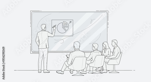 Business meeting presentation with whiteboard and audience.