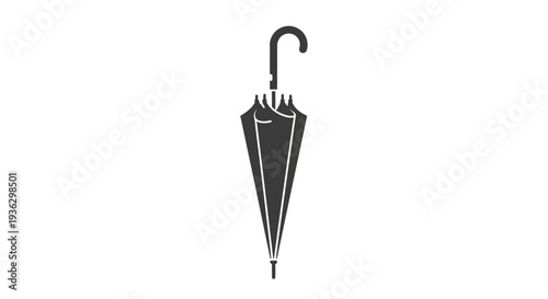 Closed black umbrella with a curved handle on a white background.