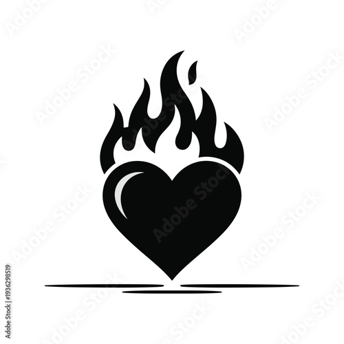 Black heart on fire with flames rising burning heart vector illustration isolated on white background.