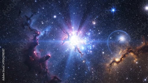 A breathtaking cosmic nebula glows brightly amidst a field of countless stars