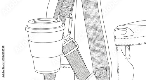 Close up of a disposable coffee cup attached to a backpack strap.