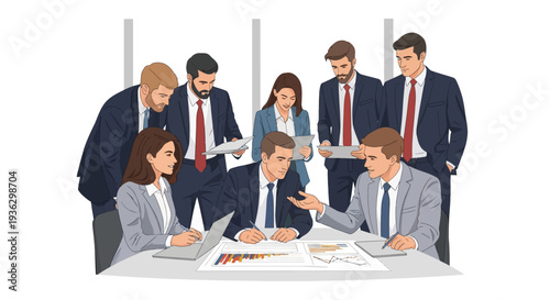 Diverse professional team collaborating and coordinating project strategy during a business meeting, presenting a detailed flowchart on a whiteboard in a modern office environment.