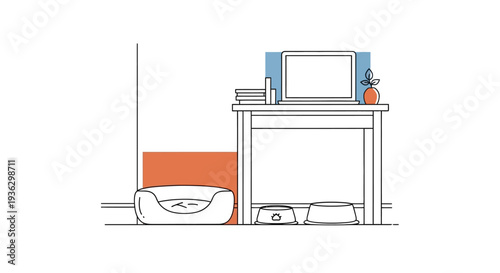 Cozy pet bed and feeding bowls near a desk.