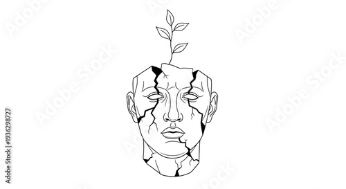 Cracked head sculpture with plant growing from top.