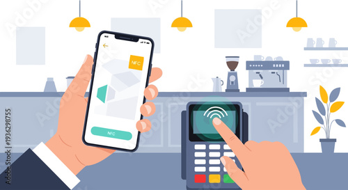 Customer paying with smartphone contactless payment at cafe counter.