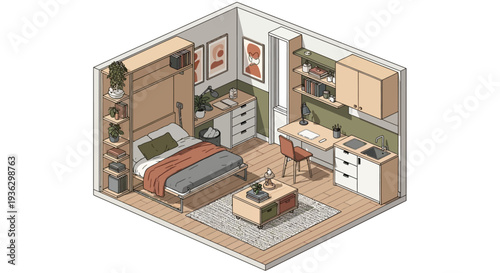 Cozy isometric studio apartment interior design illustration.