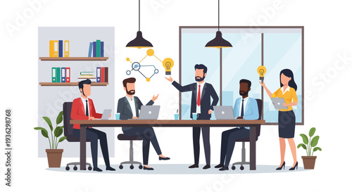 Diverse team of five business professionals collaborating in a modern office, brainstorming innovative ideas and sharing insights during a productive meeting with laptops and lightbulb graphics.