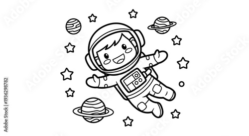 Cute cartoon astronaut floating in outer space with planets and stars.