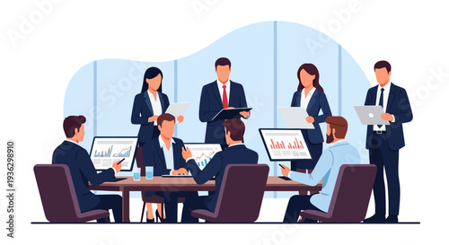 Vector illustration of diverse corporate staff collaborating in a modern office meeting, analyzing financial data and business reports on laptops and tablets.