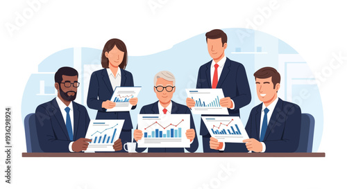 Group of five diverse business professionals in suits reviewing financial data charts, bar graphs, and line graphs during a corporate meeting, discussing analytics and performance metrics.