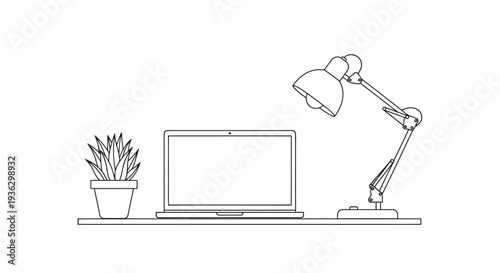 Desk setup with laptop plant and adjustable lamp.