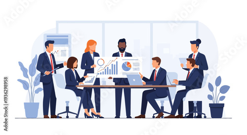 Diverse business professionals in a corporate office meeting collaboratively analyze upward trending financial charts and bar graphs displayed on a large screen, actively working on laptops.