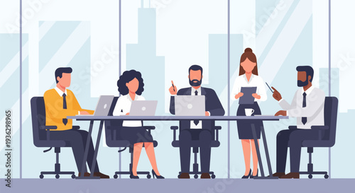 Diverse business professionals in a corporate office meeting collaboratively analyze upward trending financial charts and bar graphs displayed on a large screen, actively working on laptops.