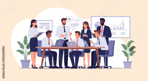 Diverse business team of professionals engaging in a collaborative office meeting, analyzing charts and data on laptops, with a speaker presenting information.