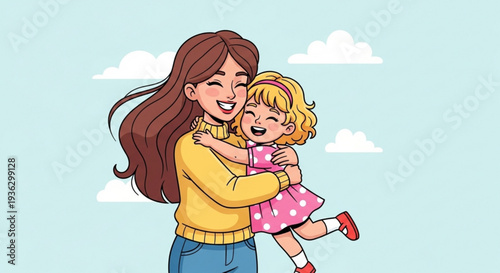 Smiling woman holding little girl in pink dress against light blue sky with white clouds happy family moment