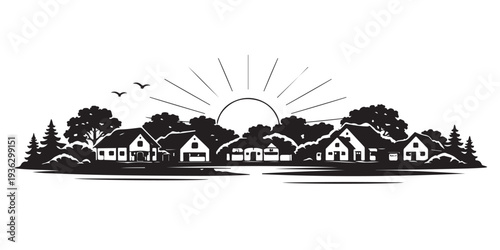 Suburban Morning Skyline Silhouette, Silhouette Vector, Isolated on White Background