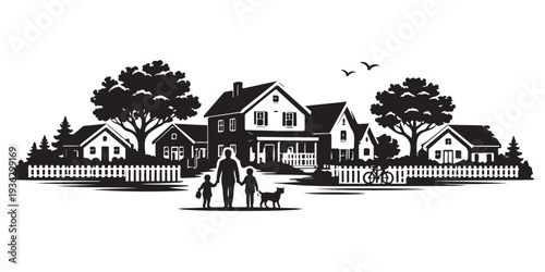 Family Neighborhood Silhouette, Silhouette Vector, Isolated on White Background