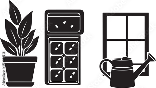 Simple black and white plant care illustration set