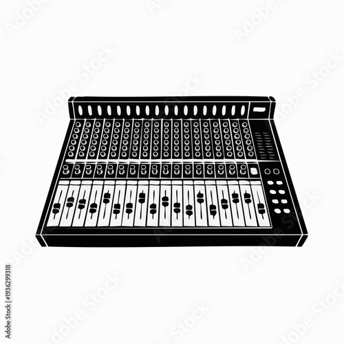 Professional audio mixing console with multiple channels and controls.