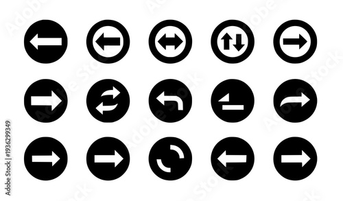 Black round go back and return arrow icon set with simple u turn navigation symbols flat vector isolated on white