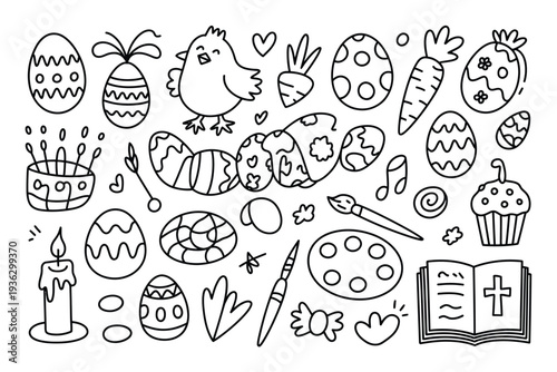 Easter icon vector illustration with eggs, chicken and cupcake designs