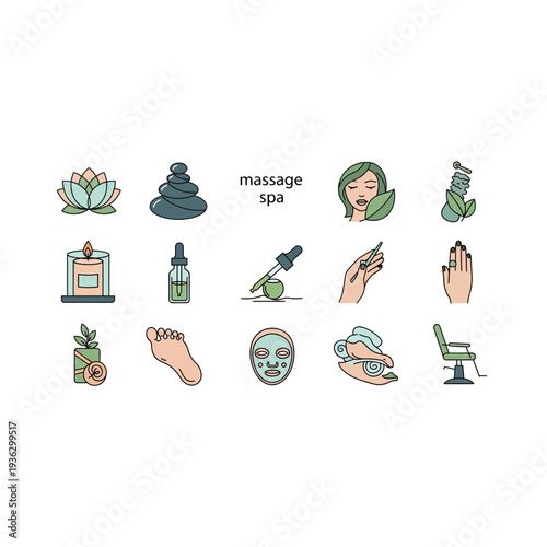 A collection of cartoon icons related to spa and wellness treatments